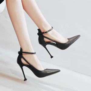 Sencillos Negro Fiesta Sandalias De Mujer 2020 Correa Del Tobillo 10 Cm Stilettos Tacones De Aguja Punta Estrecha Sandalias