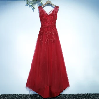 Chic Belle Rouge Robe De Ceremonie Robe De Soirée 2017 Dentelle Fleur V Cou Sans Manches Princesse