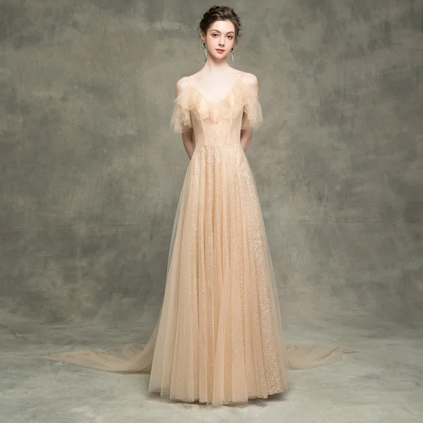 Luxe Champagne Robe De Bal 2018 Princesse Glitter Paillettes Bretelles Spaghetti Dos Nu Manches Courtes Watteau Train Robe De Ceremonie