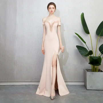 Charmant Champagne Robe De Soirée 2018 Trompette Sirène Perlage Gland Fendue Devant Bretelles Spaghetti Dos Nu Manches Courtes Longue Robe De Ceremonie