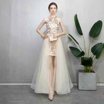 Modern Fashion Champagne Evening Dresses 2018 A Line Princess Sequins Scoop Neck Strapless Sleeveless Ankle Length Formal Dresses