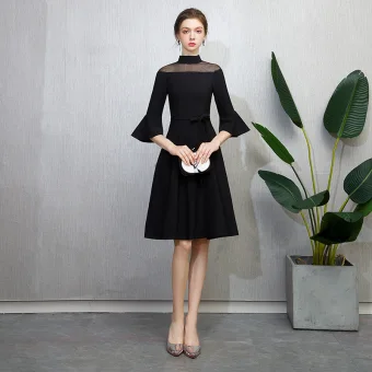 Modest Simple Black Homecoming Graduation Dresses 2018 A Line Princess High Neck Bell Sleeves Knee Length Formal Dresses