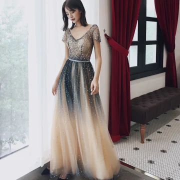 Luxury Gorgeous Champagne Evening Dresses 2018 A Line Princess Handmade Beading Star Sequins Sash V Neck Short Sleeve Backless Ankle Length Formal Dresses