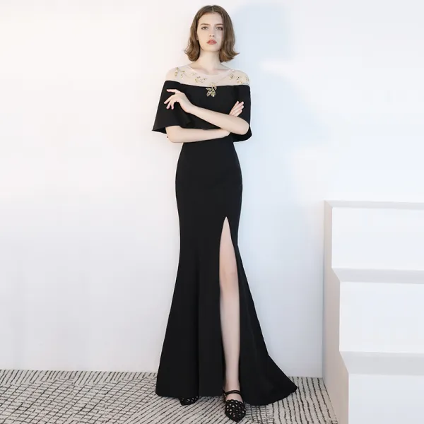 Chic / Beautiful Black Evening Dresses  2018 Trumpet / Mermaid Sequins Split Front Scoop Neck Backless Short Sleeve Sweep Train Formal Dresses