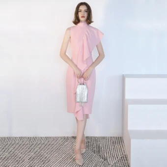 Simple Rougissant Rose Robe De Soirée 2018 Col Haut Sans Manches Thé Longueur Robe De Ceremonie