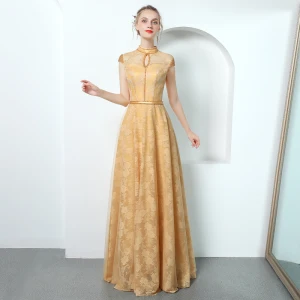 Chinese Style Gold Evening Dresses 2018 A Line Princess Lace Beading Pearl Sash High Neck Backless Cap Sleeves Floor Length Long Formal Dresses