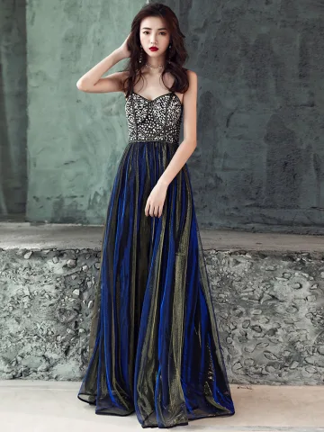 Moderne Mode Noire Robe De Soirée 2018 Princesse Perlage Paillettes Bretelles Spaghetti Dos Nu Sans Manches Longue Robe De Ceremonie