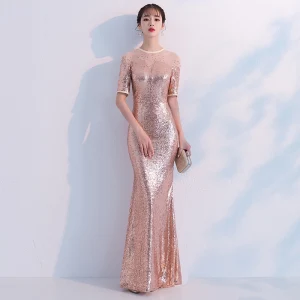 Sparkly Champagne Selskapskjoler 2018 Trompet Havfrue Paljetter Rhinestone Scoop Halsen 1 2 Ermer Lange Formelle Kjoler