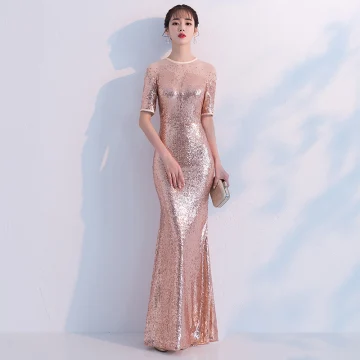 Scintillantes Champagne Robe De Soirée 2018 Trompette Sirène Paillettes Faux Diamant Encolure Dégagée 1 2 Manches Longue Robe De Ceremonie