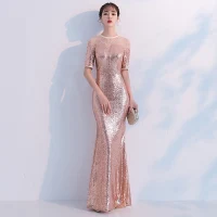 Sparkly Champagne Evening Dresses  2018 Trumpet / Mermaid Sequins Rhinestone Scoop Neck 1/2 Sleeves Floor-Length / Long Formal Dresses