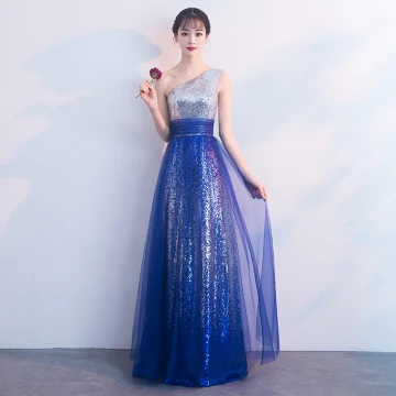 Scintillantes Bleu Roi Robe De Soirée 2018 Princesse Paillettes Une Épaule Sans Manches Dos Nu Longue Robe De Ceremonie