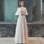 Elegant Grey Evening Dresses  2018 A-Line / Princess Pleated Beading Crystal Off-The-Shoulder Backless Short Sleeve Floor-Length / Long Formal Dresses