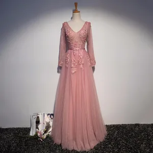 Snygga Fina Balklänningar 2017 Prinsessa Appliqués Pärla Spets V Hals Korsade Remmar Långärmad Långa