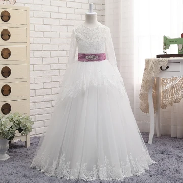 Chic Beautiful White Flower Girl Dresses 2017 A Line Princess Lace Ruffle Tassel Backless Scoop Neck Bow Long Sleeve Floor Length Long Wedding