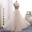 Chic / Beautiful Champagne Evening Dresses  2017 A-Line / Princess Beading Ruffle Scoop Neck Zipper Up Backless Sleeveless Floor-Length / Long Evening Party