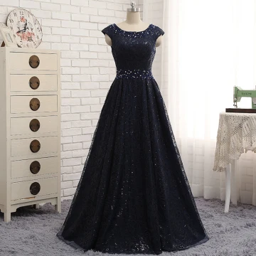Hermoso Marino Oscuro Vestidos De Noche 2017 A Line Princess Rebordear Lentejuelas Sin Espalda Scoop Escote Sin Mangas Largos Noche