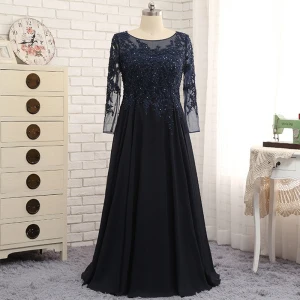 Chic Belle Bleu Marine Robe De Soirée 2017 Princesse Train De Balayage Perlage Paillettes En Dentelle Encolure Dégagée Fermeture Éclair Dos Nu Manches Longues Soirée
