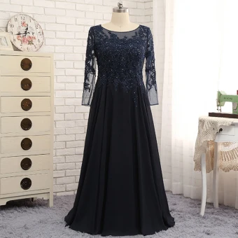 Chic Belle Bleu Marine Robe De Soirée 2017 Princesse Train De Balayage Perlage Paillettes En Dentelle Encolure Dégagée Fermeture Éclair Dos Nu Manches Longues Soirée