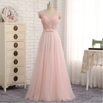 Mooie Prachtige Candy Roze Avondjurken 2017 A Lijn Kant Strik Rhinestone V Hals Ruglooze Mouwloos Lange Avond