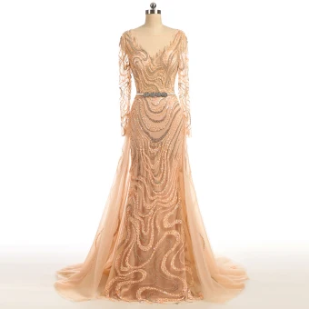 Unique Champagne Robe De Soirée 2017 Trompette Sirène Paillettes Perlage Noeud Encolure Dégagée Manches Longues Train De Balayage Soirée