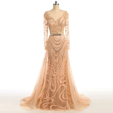 Amazing Unique Champagne Evening Dresses 2017 Trumpet Mermaid Sequins Beading Bow Scoop Neck Long Sleeve Sweep Train Evening Party