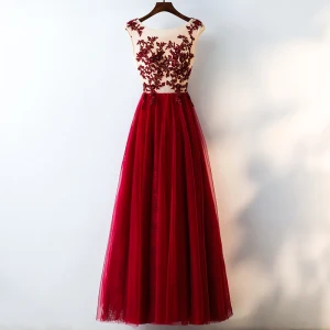Chic Belle Rouge Robe De Soirée 2017 Princesse En Dentelle Fleur Cristal Fleurs Artificielles Encolure Dégagée Sans Manches Longueur Cheville Soirée