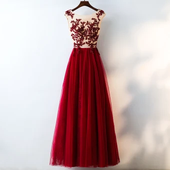 Chic Beautiful Red Evening Dresses 2017 A Line Princess Lace Flower Crystal Artificial Flowers Scoop Neck Sleeveless Ankle Length Evening Party