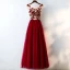Chic / Beautiful Red Evening Dresses  2017 A-Line / Princess Lace Flower Crystal Artificial Flowers Scoop Neck Sleeveless Ankle Length Evening Party