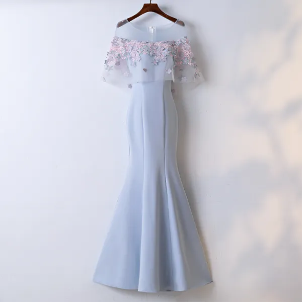 Chic / Beautiful Sky Blue Evening Dresses  2017 Trumpet / Mermaid Lace Flower Artificial Flowers Scoop Neck Zipper Up 1/2 Sleeves Ankle Length Evening Party
