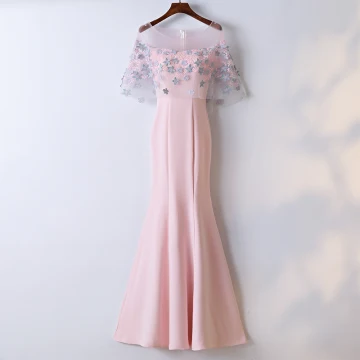 Chic Beautiful Blushing Pink Evening Dresses 2017 Trumpet Mermaid Lace Flower Artificial Flowers Scoop Neck Zipper Up 1 2 Sleeves Ankle Length Evening Party