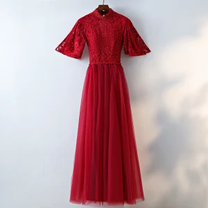 Chic Belle Rouge Robe De Soirée 2017 Princesse En Dentelle Fleur Perlage Col Haut Bretelles Croisées Dos Nu 1 2 Manches Soirée Longueur Cheville