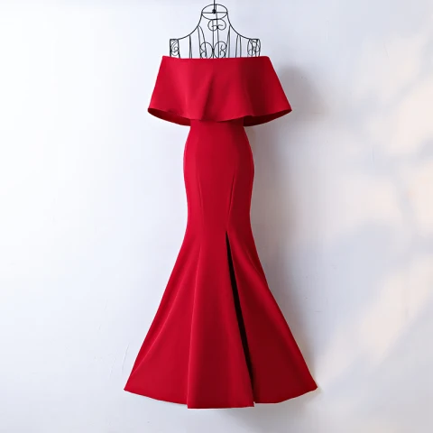 Chic / Beautiful Red Evening Dresses  Trumpet / Mermaid 2017 Off-The-Shoulder Short Sleeve Ankle Length Evening Party