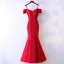 Sexy Red Evening Dresses  2017 Trumpet / Mermaid Lace Flower Crystal Sequins Zipper Up Off-The-Shoulder Spaghetti Straps Short Sleeve Ankle Length Evening Party