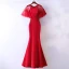 Chic / Beautiful Red Evening Dresses  2017 Trumpet / Mermaid Flower Lace Sequins Beading Scoop Neck Zipper Up Short Sleeve Ankle Length Evening Party