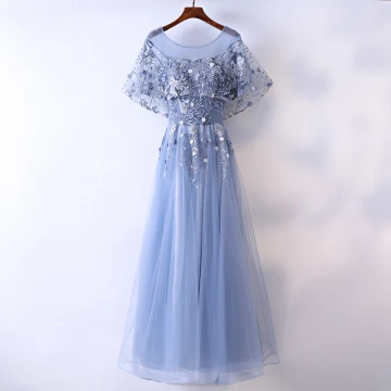 Chic Beautiful Ocean Blue Evening Dresses 2017 A Line Princess Beading Pearl Lace Flower Scoop Neck Backless Short Sleeve Ankle Length Evening Party