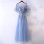 Chic / Beautiful Ocean Blue Evening Dresses  2017 A-Line / Princess Beading Pearl Lace Flower Scoop Neck Backless Short Sleeve Ankle Length Evening Party