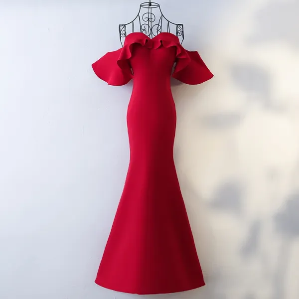 Sexy Red Evening Dresses  2017 Trumpet / Mermaid Sweetheart Strapless Zipper Up Short Sleeve Ankle Length Evening Party