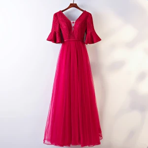 Chic Belle Rouge Robe De Soirée 2017 Princesse En Dentelle Fleur V Cou Dos Nu 1 2 Manches Longueur Cheville Soirée
