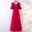 Chic / Beautiful Red Evening Dresses  2017 A-Line / Princess Lace Flower V-Neck Backless 1/2 Sleeves Ankle Length Evening Party
