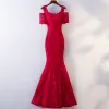Chic / Beautiful Red Evening Dresses  2017 Trumpet / Mermaid Lace Flower Square Neckline Strapless Backless Short Sleeve Zipper Up Ankle Length Evening Party