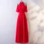 Chic / Belle Rouge Robe De Soirée 2017 Princesse En Dentelle Noeud Col Haut Bustier Dos Nu Manches Courtes Longueur Cheville Soirée