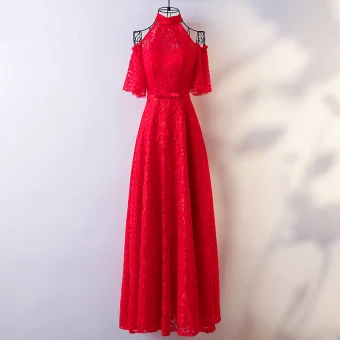 Chic Beautiful Red Evening Dresses 2017 A Line Princess Lace Bow High Neck Strapless Backless Short Sleeve Ankle Length Evening Party
