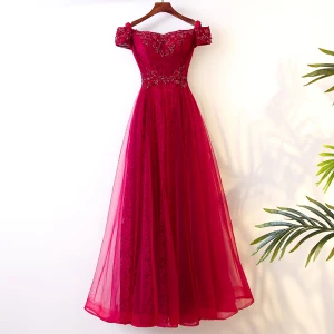 Chic Beautiful Red Evening Dresses 2017 A Line Princess Lace Beading Off The Shoulder Backless Short Sleeve Ankle Length Evening Party