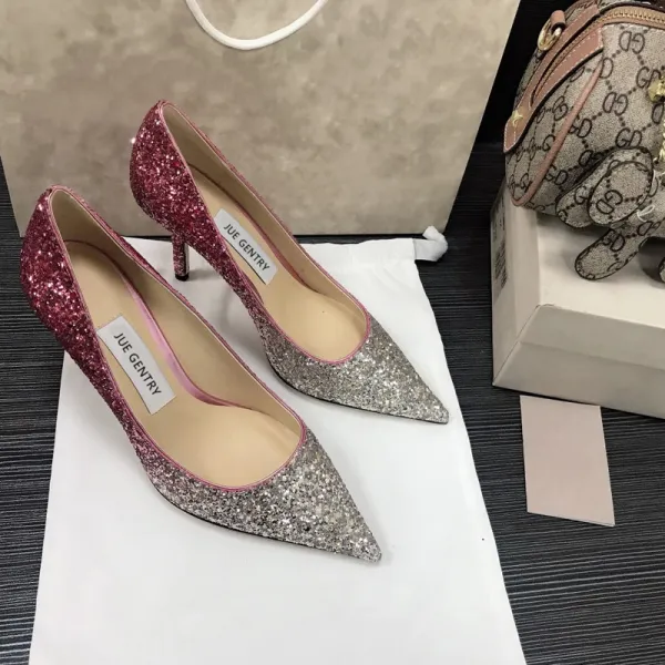 Sparkly Silver Purple Gradient-Color Evening Party Pumps Leather 2021 Sequins 8 cm Stiletto Heels Pointed Toe Pumps High Heels