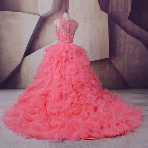 Vintage Watermelon Prom Dresses 2017 Ball Gown Scoop Neck Sleeveless Beading Rhinestone Sequins Cascading Ruffles Organza Formal Dresses Court Train
