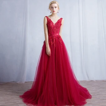 Chic Belle Rouge Robe De Soirée 2017 Princesse Bretelles Croisées Dos Nu Paillettes Dentelle Fleur Ceinture V Cou Sans Manches Train De Balayage Soirée