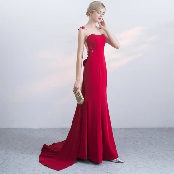 Hermoso Rojo Vestidos De Noche 2017 Trumpet Mermaid Cremallera Para Arriba Rebordear Bowknot Con Encaje Flor Lentejuelas Sin Mangas Scoop Escote Colas De La Corte Noche