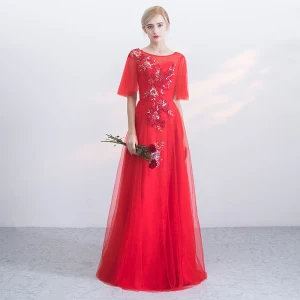 Chic Belle Rouge Robe De Soirée 2017 Princesse Appliques En Dentelle Fleur Bretelles Croisées Perlage Encolure Dégagée Dos Nu 1 2 Manches Longue Soirée