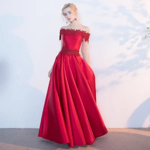 Chic Beautiful Red Evening Dresses 2017 A Line Princess Appliques Lace Flower Beading Backless Off The Shoulder Crossed Straps Sleeveless Floor Length Long Evening Party