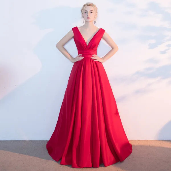 Red V Neck Backless Prom Dresses Long 2017 Evening Party Ball Gown